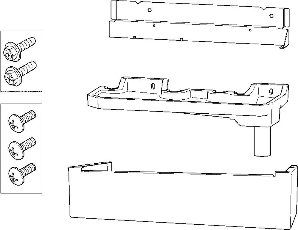 Teile einer Kondensatwanne von Daikin, bestehend aus einem unteren Behälter, einer oberen Platte und verschiedenen Schrauben zur Befestigung. Technische Zeichnung ohne Maße.
